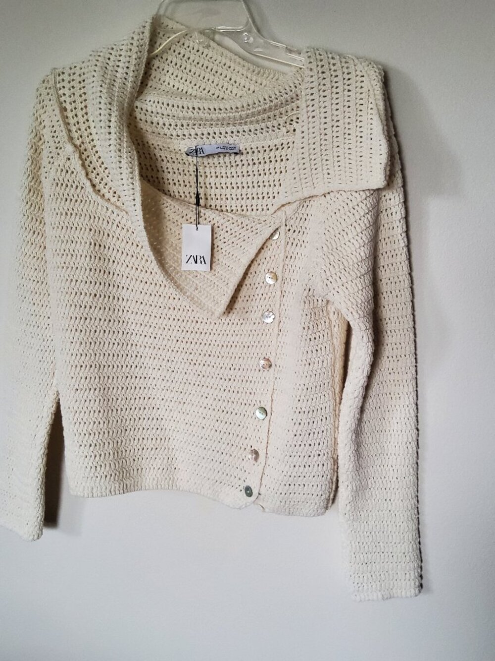 Zara Creme Shawl Collar Crochet knit sweater size L